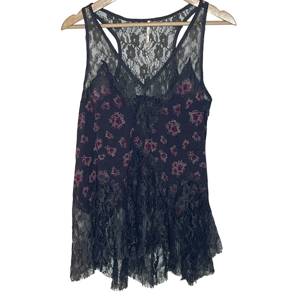 Free People Womens XS‎ Tank Top Black Floral Lace Trim Sleeveless Casual